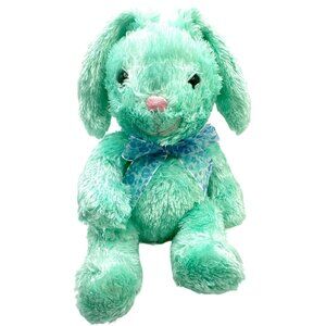 Soft Plush Bunny Stuffed Animal Green Floppy Ears Blue Floral Bow 8"
